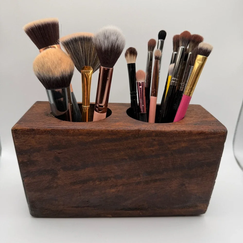 VTG Primitive Hand Carved Wood 2 Hole Sugar Mold Candle Or Makeup Brush Holder